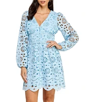 Layered With Love Kris Cotton Eyelet Knit V-Neck Long Sleeve Trim Detail Fit & Flare Dress