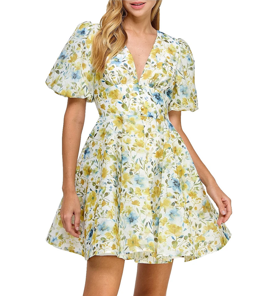 Layered With Love Lil Alona Jacquard Floral Print V Neck Short Sleeve A-Line Mini Dress