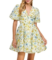 Layered With Love Lil Alona Jacquard Floral Print V Neck Short Sleeve A-Line Mini Dress