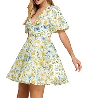 Layered With Love Lil Alona Jacquard Floral Print V Neck Short Sleeve A-Line Mini Dress