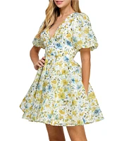 Layered With Love Lil Alona Jacquard Floral Print V Neck Short Sleeve A-Line Mini Dress