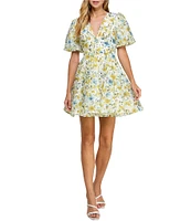 Layered With Love Lil Alona Jacquard Floral Print V Neck Short Sleeve A-Line Mini Dress