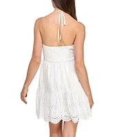 Layered With Love Lil Daisy Halter V-Neck Embroidered Eyelet Fit And Flare Mini Dress