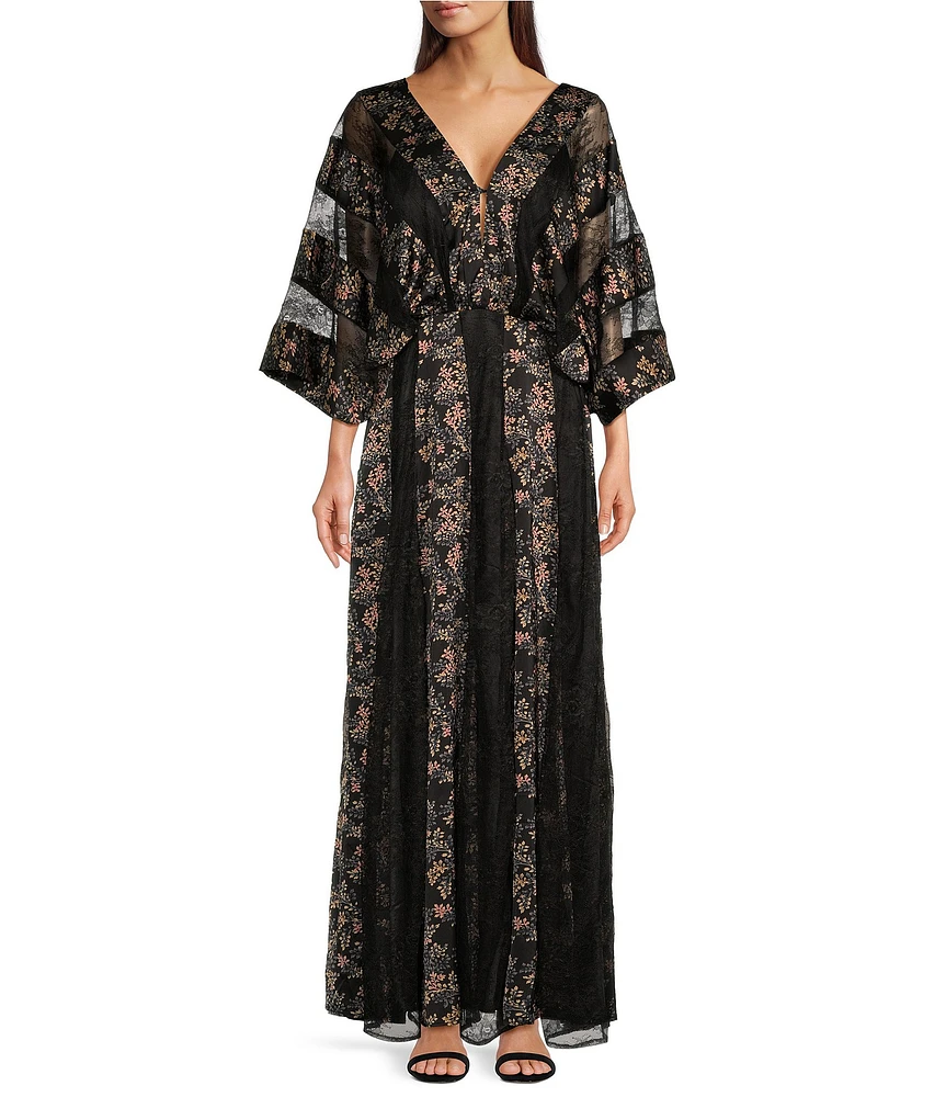 Layered With Love Mandy Printed Satin Lace Panel V-Neck Short Sleeve Maxi Dress