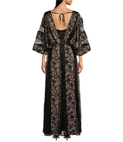 Layered With Love Mandy Printed Satin Lace Panel V-Neck Short Sleeve Maxi Dress