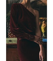Layered with Love One Sleeve Laser Cut Floral Hem Velvet Midi Dress