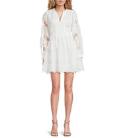 Layered With Love Paris Crew Neck Long Sleeve Scallop Hem Lace Fit & Flare Mini Dress