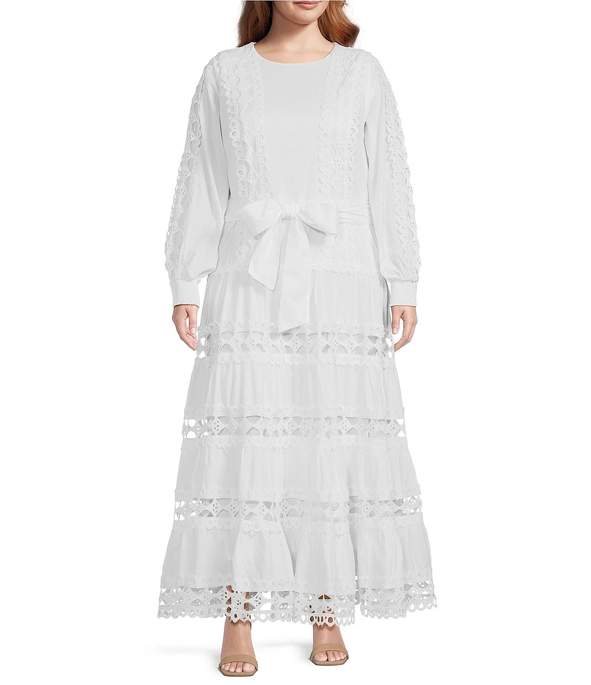 Layered With Love Plus Size Crew Neck Long Sleeve Bow Waist Detail Crochet Trim A-Line Dress