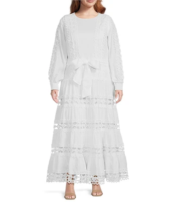 Layered With Love Plus Size Crew Neck Long Sleeve Bow Waist Detail Crochet Trim A-Line Dress