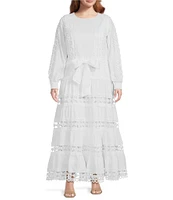 Layered With Love Plus Size Crew Neck Long Sleeve Bow Waist Detail Crochet Trim A-Line Dress