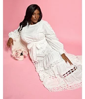 Layered With Love Plus Size Crew Neck Long Sleeve Bow Waist Detail Crochet Trim A-Line Dress