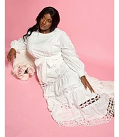 Layered With Love Plus Size Crew Neck Long Sleeve Bow Waist Detail Crochet Trim A-Line Dress