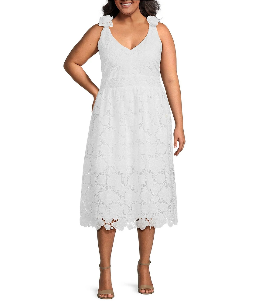 Layered With Love Plus Size Lace V-Neck Shoulder Tie Strap Scalloped Hem A-Line Midi Dress