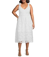 Layered With Love Plus Size Lace V-Neck Shoulder Tie Strap Scalloped Hem A-Line Midi Dress
