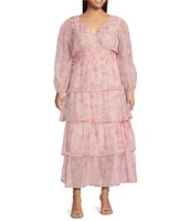 Layered With Love Plus Size Organza Chiffon V-Neck Long Sleeve Ruffle Tiered A-Line Dress