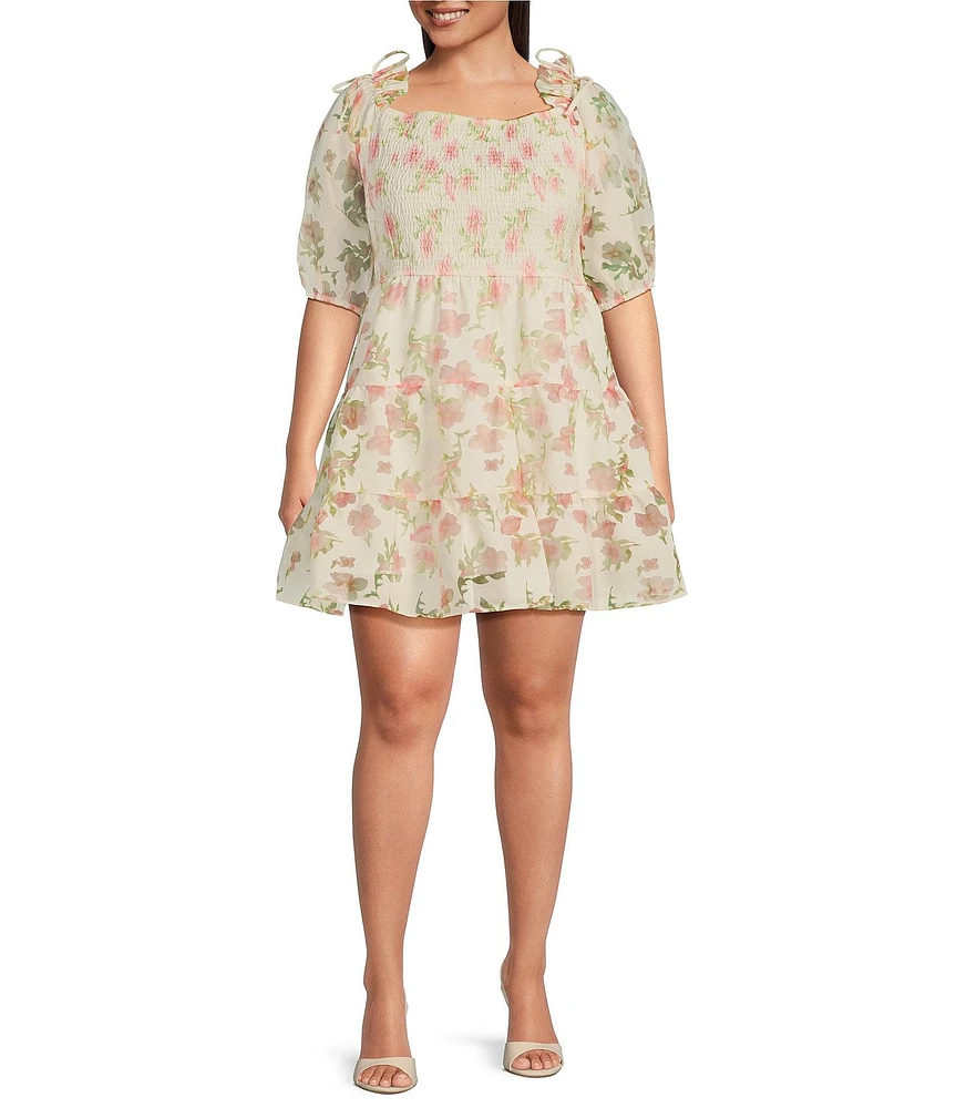 Layered With Love Plus Size Square Neck 3/4 Sleeve Smocked Tiered Floral Burnout Jacquard Dress