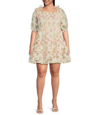Layered With Love Plus Size Square Neck 3/4 Sleeve Smocked Tiered Floral Burnout Jacquard Dress