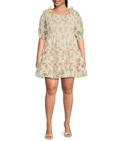 Layered With Love Plus Size Square Neck 3/4 Sleeve Smocked Tiered Floral Burnout Jacquard Dress
