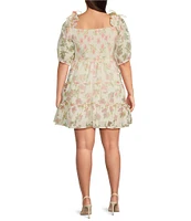 Layered With Love Plus Size Square Neck 3/4 Sleeve Smocked Tiered Floral Burnout Jacquard Dress