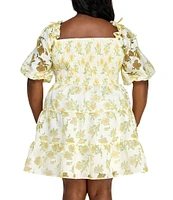 Layered With Love Plus Size Square Neck 3/4 Sleeve Smocked Tiered Floral Burnout Jacquard Dress