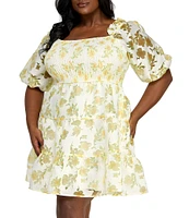 Layered With Love Plus Size Square Neck 3/4 Sleeve Smocked Tiered Floral Burnout Jacquard Dress