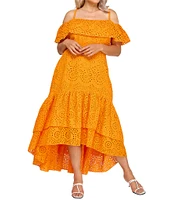Layered With Love Plus Size Square Neck Off-The-Shoulder Ruffle Sleeves With Straps Embroidered Eyelet Fit And Flare Sundress