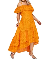 Layered With Love Plus Size Square Neck Off-The-Shoulder Ruffle Sleeves With Straps Embroidered Eyelet Fit And Flare Sundress