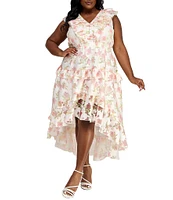 Layered With Love Plus Size V-Neck Flutter Sleeve Floral Burnout Jacquard High Low Hemline Dress