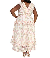 Layered With Love Plus Size V-Neck Flutter Sleeve Floral Burnout Jacquard High Low Hemline Dress