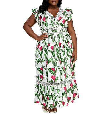 Layered With Love Plus Size V Neck Flutter Sleeve Lace Trim Fit and Flare Maxi Dress