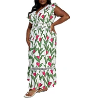 Layered With Love Plus Size V Neck Flutter Sleeve Lace Trim Fit and Flare Maxi Dress