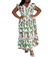 Layered With Love Plus Size V Neck Flutter Sleeve Lace Trim Fit and Flare Maxi Dress