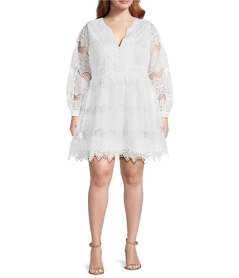 Layered With Love Plus Size V-Neck Long Sleeve Front Button Loop Scalloped Hem Lace Sheath Dress