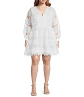 Layered With Love Plus Size V-Neck Long Sleeve Front Button Loop Scalloped Hem Lace Sheath Dress