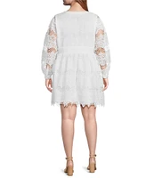 Layered With Love Plus Size V-Neck Long Sleeve Front Button Loop Scalloped Hem Lace Sheath Dress