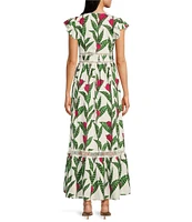Layered With Love Poplin Floral Print V Neck Cap Flutter Sleeve A-Line Maxi Dress