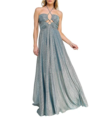 Layered With Love Raffa Keyhole Halter Metallic Jacquard Maxi Dress