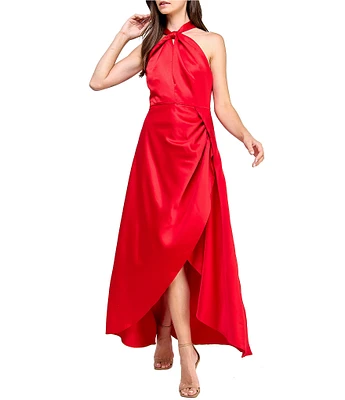 Layered With Love Satin Halter Tie Neck Sleeveless Side Ruched Sheath Maxi Dress