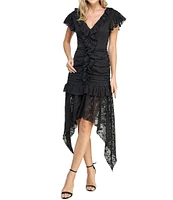 Layered With Love Sophie Double V Ruched Embroidered Chiffon Lace Dress