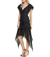 Layered With Love Sophie Double V Ruched Embroidered Chiffon Lace Dress