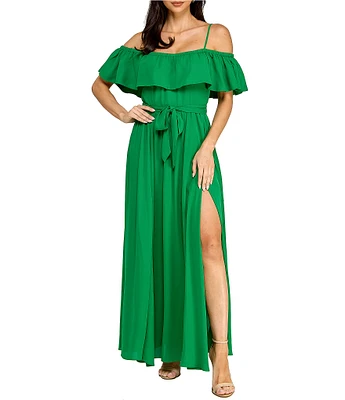 Layered With Love Teri Georgette Off The Shoulder Neck Short Sleeve Ruffle Gown