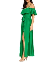 Layered With Love Teri Georgette Off The Shoulder Neck Short Sleeve Ruffle Gown