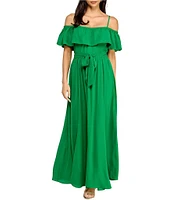 Layered With Love Teri Georgette Off The Shoulder Neck Short Sleeve Ruffle Gown