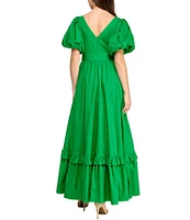Layered With Love V-neck Short Puff Sleeves Self Belt Hi Low Ruffle Hem Maxi Dress