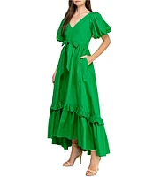 Layered With Love V-neck Short Puff Sleeves Self Belt Hi Low Ruffle Hem Maxi Dress
