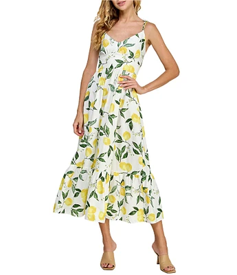 Layered With Love V-Neck Tie Shoulder Lemon Fruit Printed Poplin A-Line Midi Dress