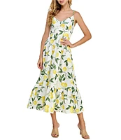 Layered With Love V-Neck Tie Shoulder Lemon Fruit Printed Poplin A-Line Midi Dress