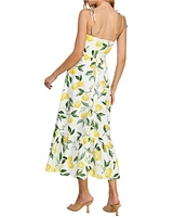 Layered With Love V-Neck Tie Shoulder Lemon Fruit Printed Poplin A-Line Midi Dress