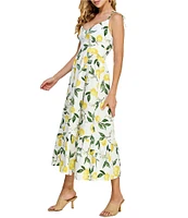 Layered With Love V-Neck Tie Shoulder Lemon Fruit Printed Poplin A-Line Midi Dress