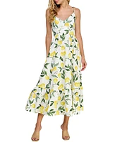 Layered With Love V-Neck Tie Shoulder Lemon Fruit Printed Poplin A-Line Midi Dress